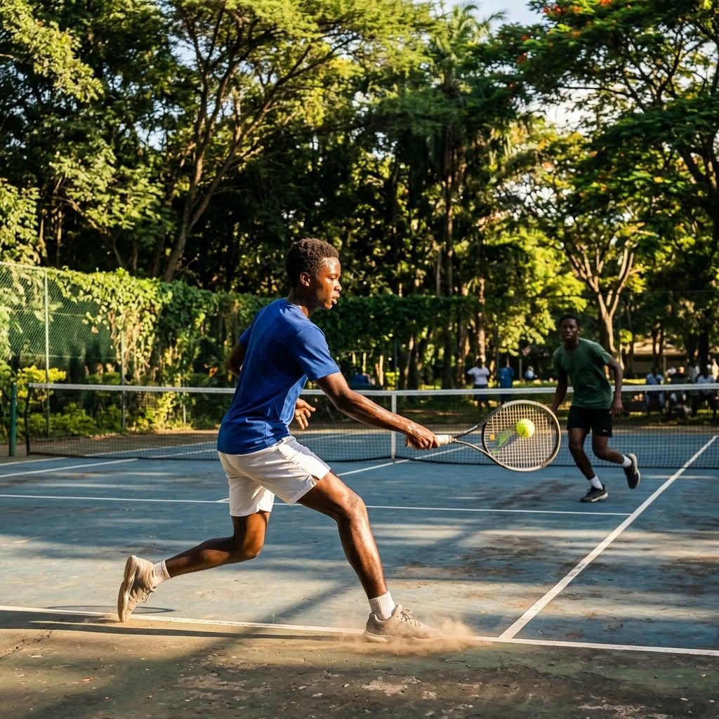 Players rallying on a partner court