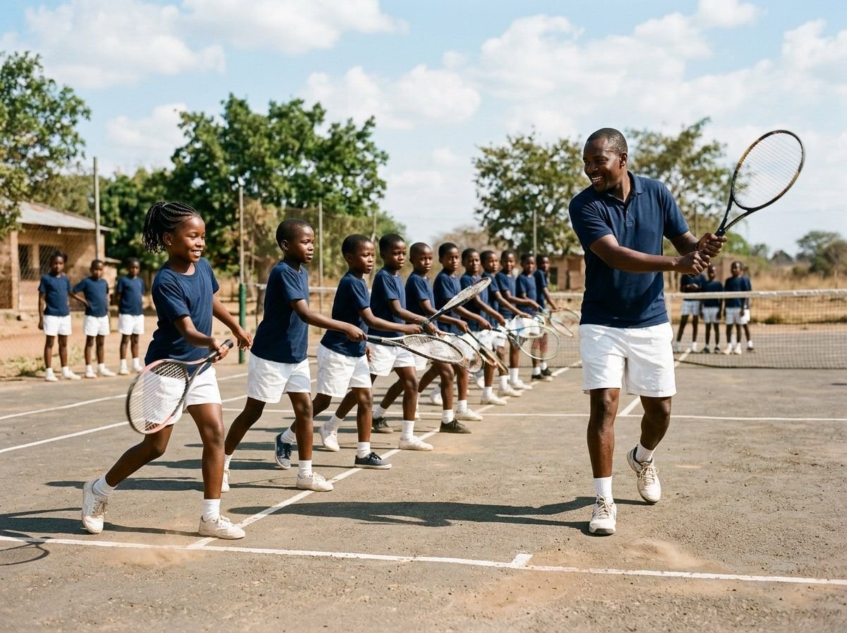 School pupils learning tennis with an Atlas coach